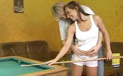 A sensational fuck session as sexy brunette is bent over a pool table join background