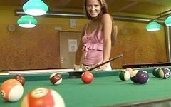 Carrie loves playing with long sticks and cues up an orgasm on a pool table join background