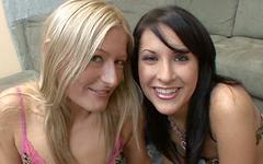 Chelsie and Heather in an interracial threesome take turns sucking cock join background