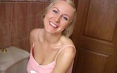 Cute blonde Alice shows you her big tits and smiles as she masturbates join background