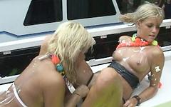 Three hot sexy blonde lesbian party girls play with each other in public - movie 2 - 4