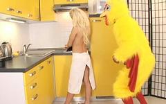 blonde Victoria gives a nice blowjob to a guy wearing a funny costume join background