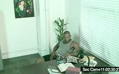 Black muscle hunks have bareback sex in an office join background