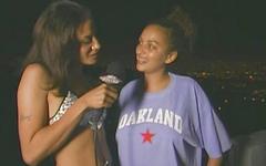 One sexy pornstar interviews another cute girl who cracks up laughing join background