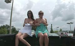 Two sexy amateur lesbians do a sexy striptease in an outdoor campground - movie 3 - 6