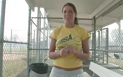 Sporty slut masturbates in the local public softball field, and cums hard join background