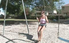 Watch Now - Big boobed honey strips naked at the swingset outdoors and flashes everyone