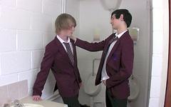 Twink schoolboys suck and bareback fuck in their school's restroom join background