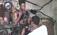 Ripped and armed black jocks suck and fuck in garage in vintage porn scene join background