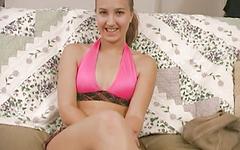 Pretty blonde 18-year-old amateur Alix Lakehurst gives a POV blowjob to BF join background