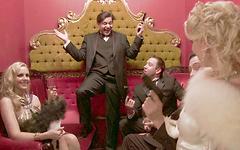 Pornstars in a hot orgy group sex scene takes place in the 1920's. join background