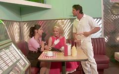 Gemma Massey, Isis Love and Krissy Lynn get down in a diner with group sex join background