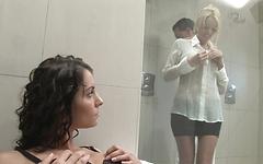 Watch Now - Lucy belle and antonia deona have some fun with a dude in the bathroom