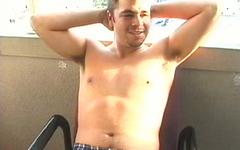 Watch Now - Beefy latino jerks off on terrace in outdoor solo masturbation scene