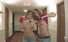 Amateur college party girls flash tits in hotel hallway - movie 3 - 3