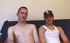 Watch Now - Mostly straight studs get on a futon for dueling solo masturbation sessions