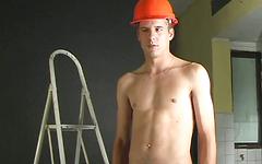 Three hot European jocks have a construction site threesome join background