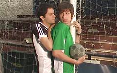 Watch Now - European soccer twinks suck and fuck in a goal net