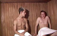Toned jock and flabby guy masturbate to girlie magazines in sauna - movie 7 - 7