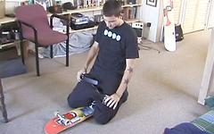 Athletic skater punk masturbates on to skateboard and eats cum join background