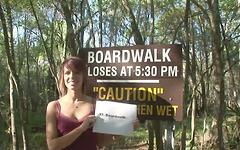 Pretty brunette flashes tits ass and gash outdoors at a nature preserve join background