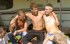 Athletic twinks have a bareback outdoor threesome with fuck train join background