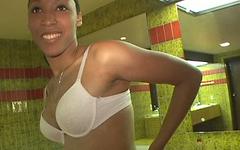 Slender black woman Ashley give a POV blowjob in interracial oral sex scene join background