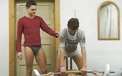 Twink weightlifting leads to a three-way suck and bareback fuck session join background