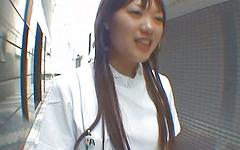 Naughty Asian nurse with tiny tits and a hairy pussy gets a creampie join background