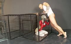 Latex Lucy gives a blowjob through a cage and drinks cum out of a condom - movie 4 - 3