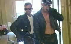 Six leather BDSM studs suck each off in public join background