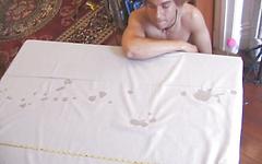 Skater jock shoots a rocket load on a white table cloth - movie 3 - 7