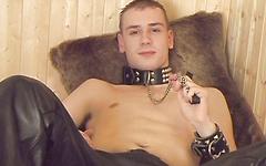 Cute UK twink Adam in a BDSM-themed solo masturbation session join background