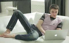 Ver ahora - Russian guys in their twenties have a bareback fuck on a white couch