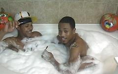 Athletic blacks Mr. Sauki and Polo Starr suck big black cock in tub join background