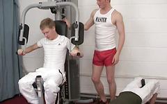Three hot twinks have a bareback threesome at a gym - movie 3 - 2