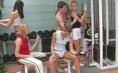 Five fit chicks get it on with one man in a gym join background