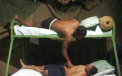 Black jock gives Latino buddy a blowjob in the barracks join background
