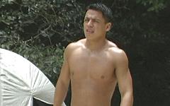 Hunky Latino jocks have a threesome by the pool join background