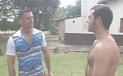 Watch Now - Rio muscle studs fuck and finger each others' hot butts in green shady park