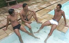 Latino muscle jocks have a threesome by the pool join background