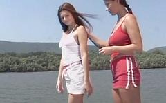 Brunettes Eva and Nicole have a lesbian vibrator rendezvous on a beach join background