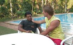 Watch Now - Hung latino fucks a hunky white jock outside by the pool