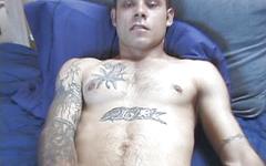 Tatted jock with a hairy cock plays with a dildo and cums hard - movie 4 - 7