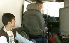Three jocks with big dicks have a threesome in a van join background