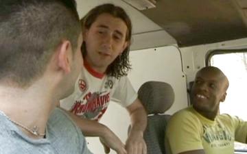 Download Shaggy hitchhiker gets plowed in a van in interracial threesome