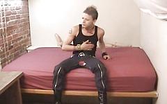 Horny skater punk rides a dildo and beats off on the bed join background