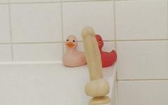 Euro guy with a hairy cock rides a dildo and beats off in the shower - movie 3 - 4