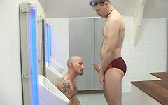 White jocks have a threesome in a public shower join background