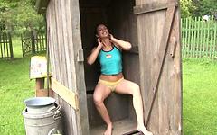 Brunette Klaris Sits in Outhouse to Fuck Her Twat with Clear Blue Vibrator join background